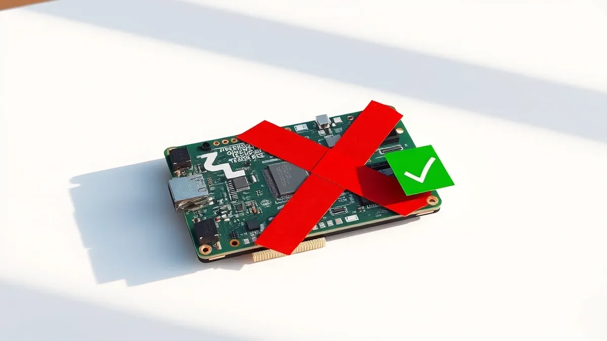 Illustration: A silver microcontroller board rests on a clean white workbench.