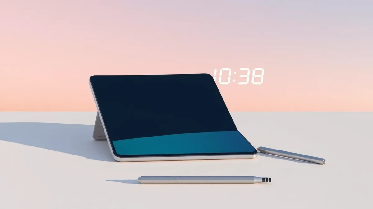 Illustration: A large foldable smartphone rests on a white table, its screen folded in half to reveal the hinge mechanism.
