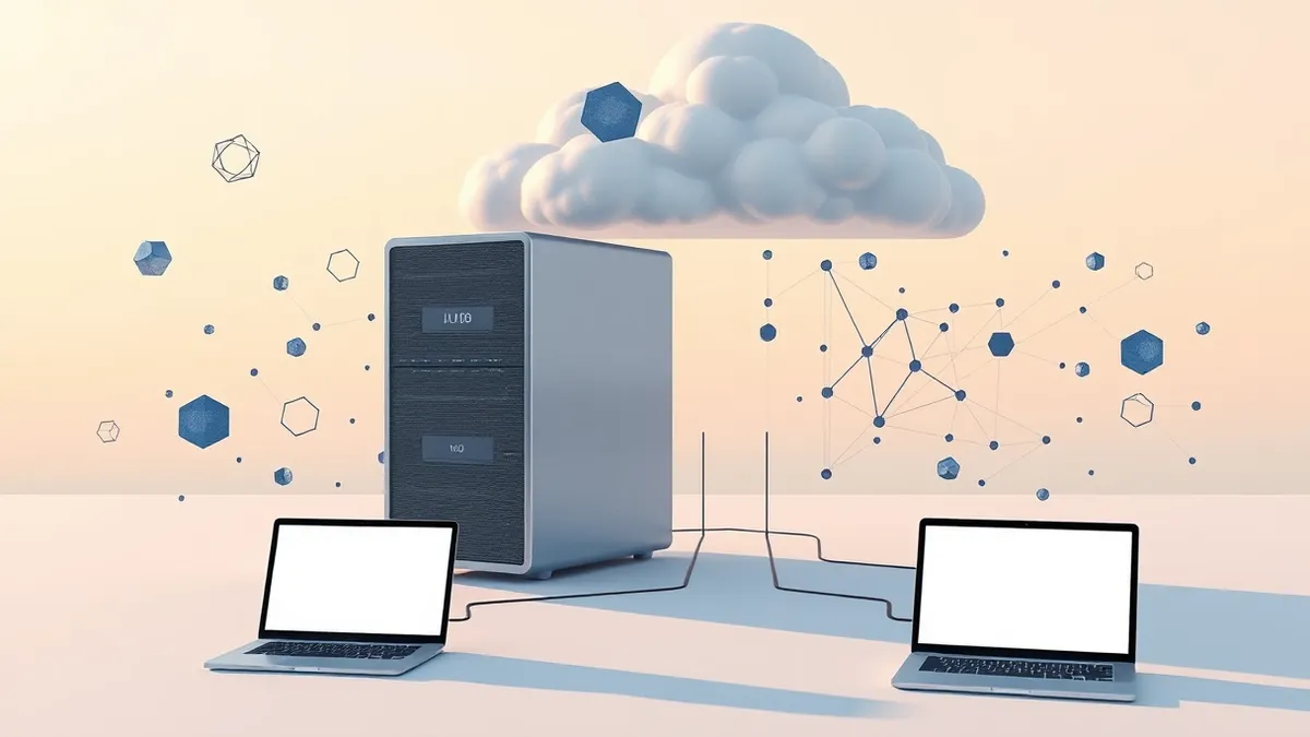 Illustration: A sleek cloud server connects to an open neural network structure.