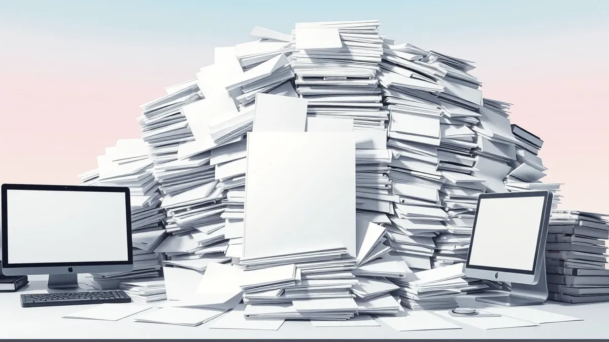 Illustration: A towering, chaotic stack of blank white paper sheets overflows from a desk, threatening to bury a single, neatly bound document.