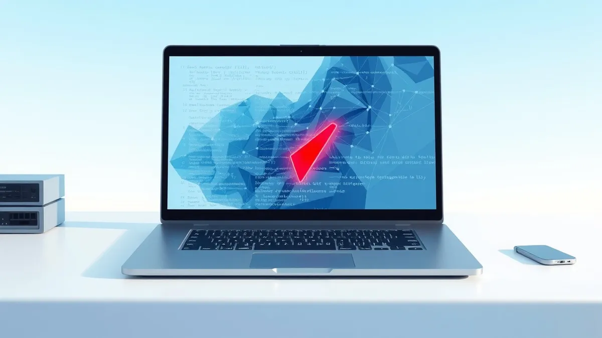 Illustration: A sleek black laptop sits open on a clean white desk.
