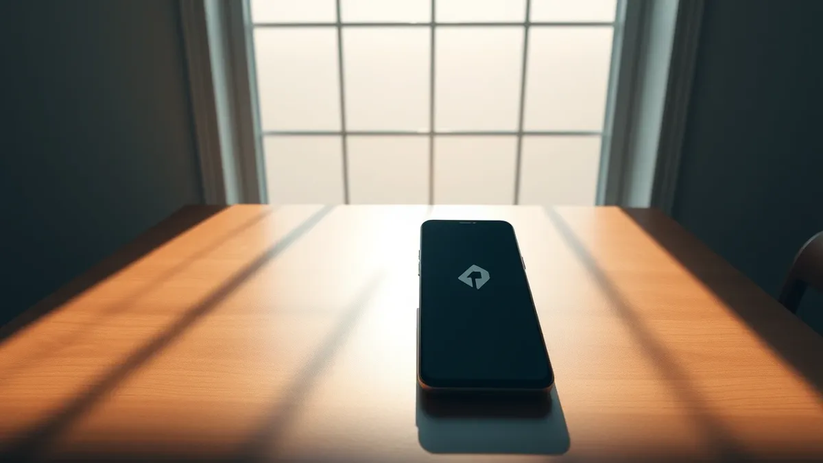 Illustration: A sleek, blank smartphone rests on a polished wooden table, displaying a single abstract geometric icon on its dark screen.