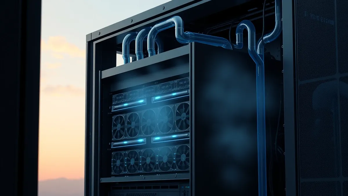Illustration: A sleek rectangular server node sits in a rack, its dark chassis venting mist from advanced liquid cooling tubes.