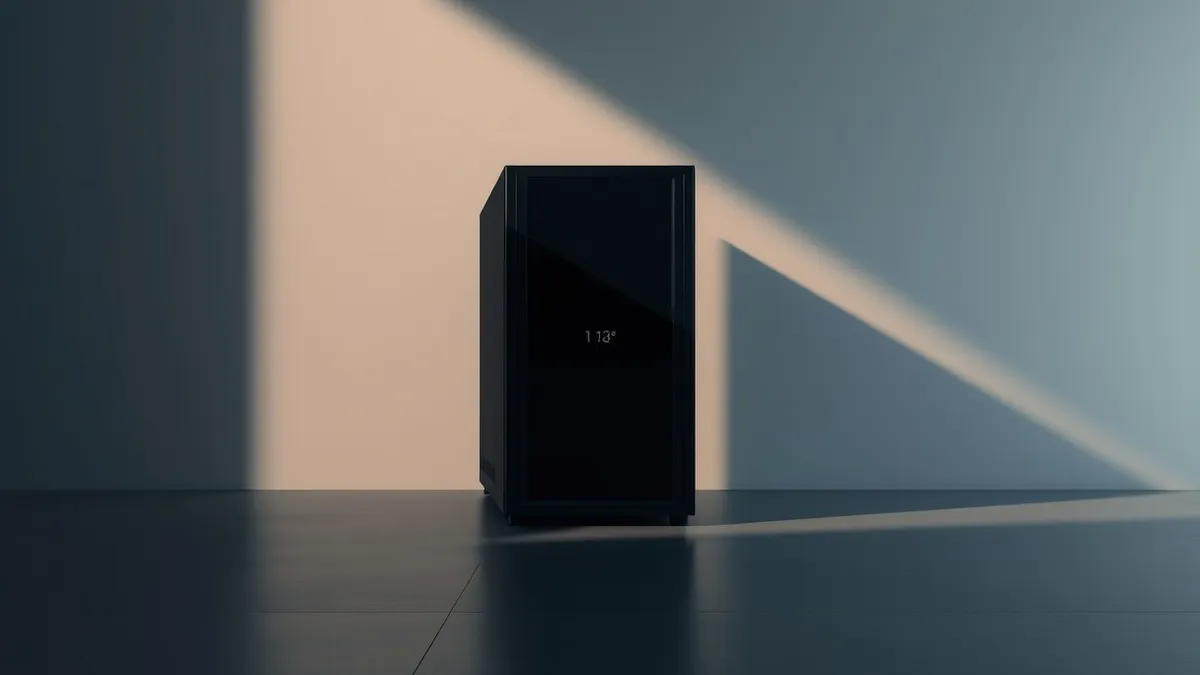 Illustration: A sleek black server unit sits alone in a dim room, its status lights blinking slowly.