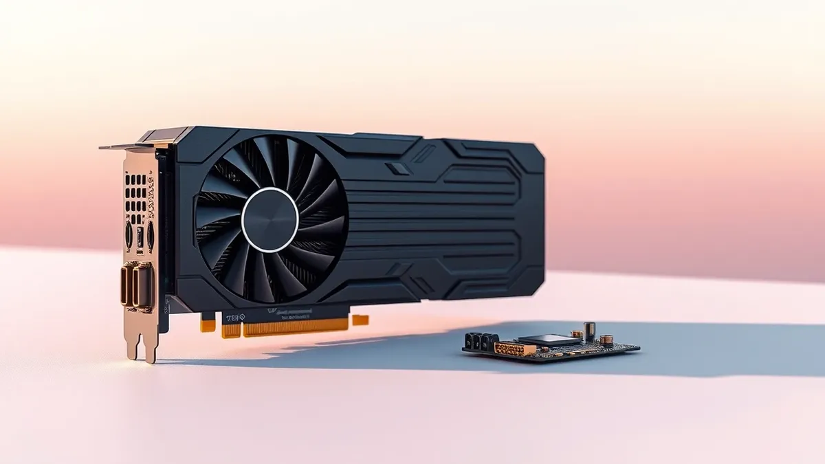 Illustration: A black graphics card sits on a plain white surface.