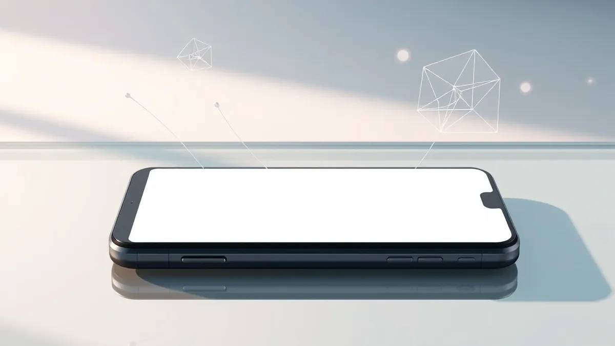 Illustration: A sleek black smartphone rests on a polished glass desk, its blank white screen reflecting soft overhead light.