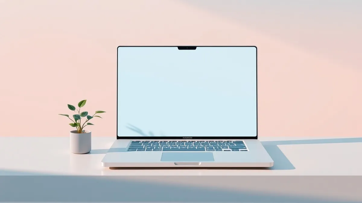 Illustration: A sleek white laptop rests on a minimalist desk, its screen displaying abstract neural network nodes connecting in soft blue light.