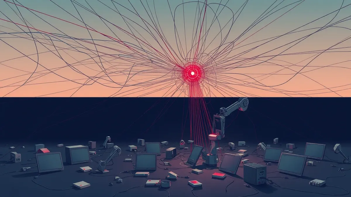 Illustration: A tangled web of digital threads weaves through a dark void, connecting scattered geometric shapes that represent software packages.