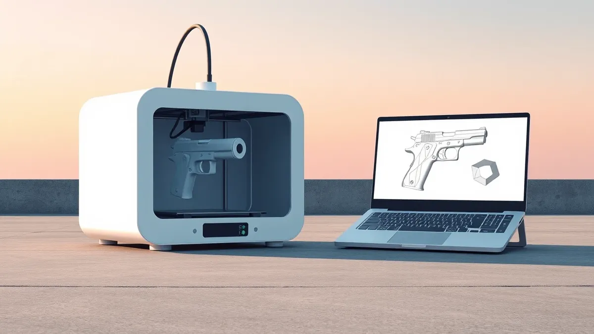 Illustration: A sleek white 3D printer sits on a concrete floor, its nozzle extruding molten plastic to form the curved barrel of a handgun.