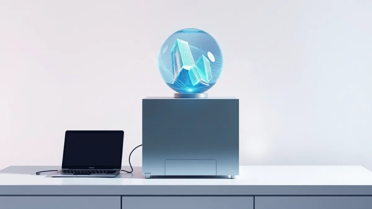 Illustration: A sleek database server unit sits on a clean white desk, its blank front panel reflecting soft ambient light.
