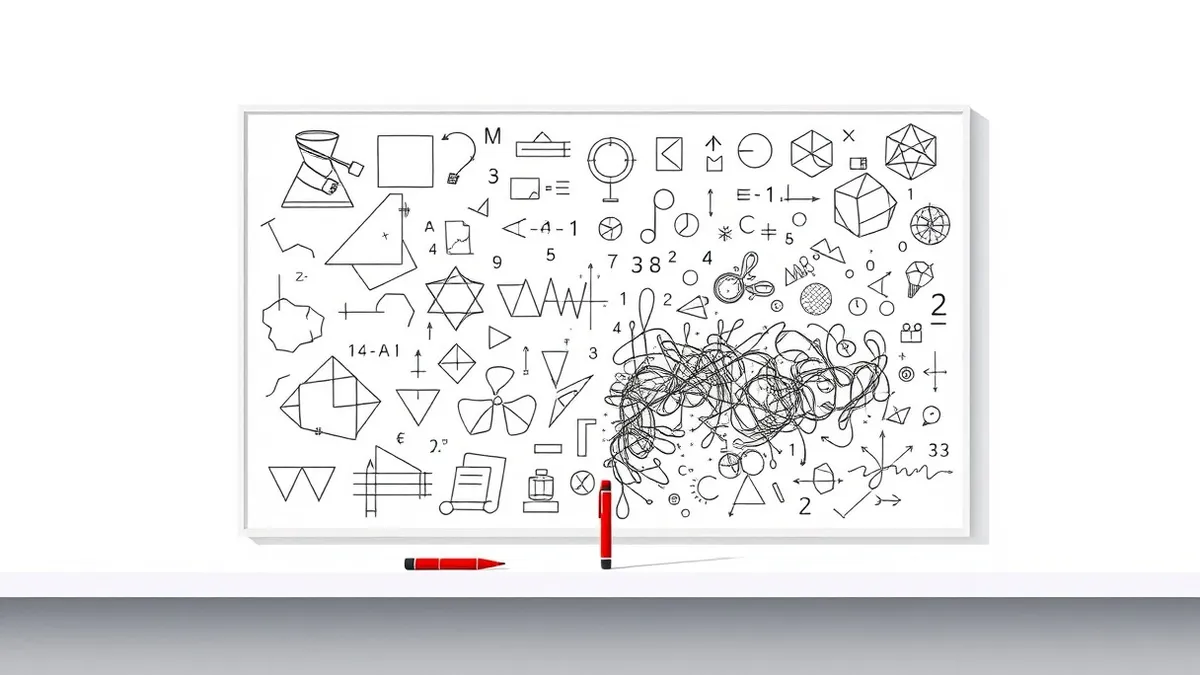 Illustration: A pristine white chalkboard stands alone in a quiet room, its surface covered in dense, elegant geometric shapes and abstract mathematical symbols.