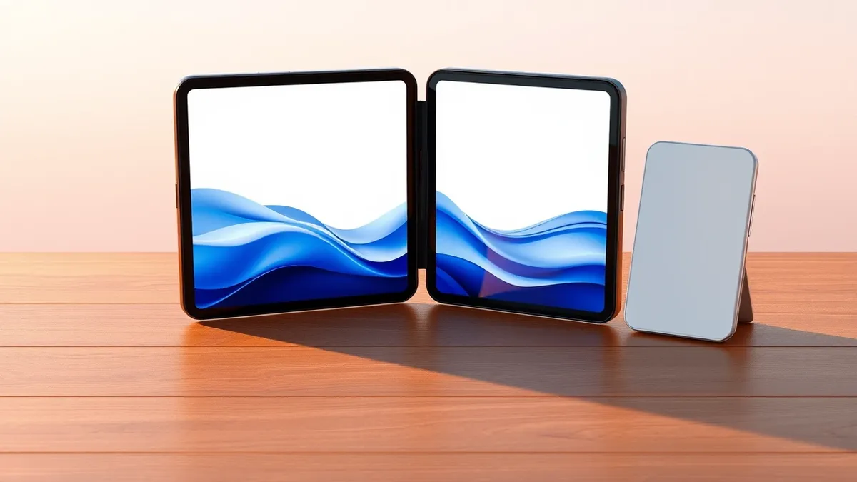 Illustration: A sleek black foldable smartphone stands open on a wooden desk, its large inner screen displaying soft blue abstract waves.