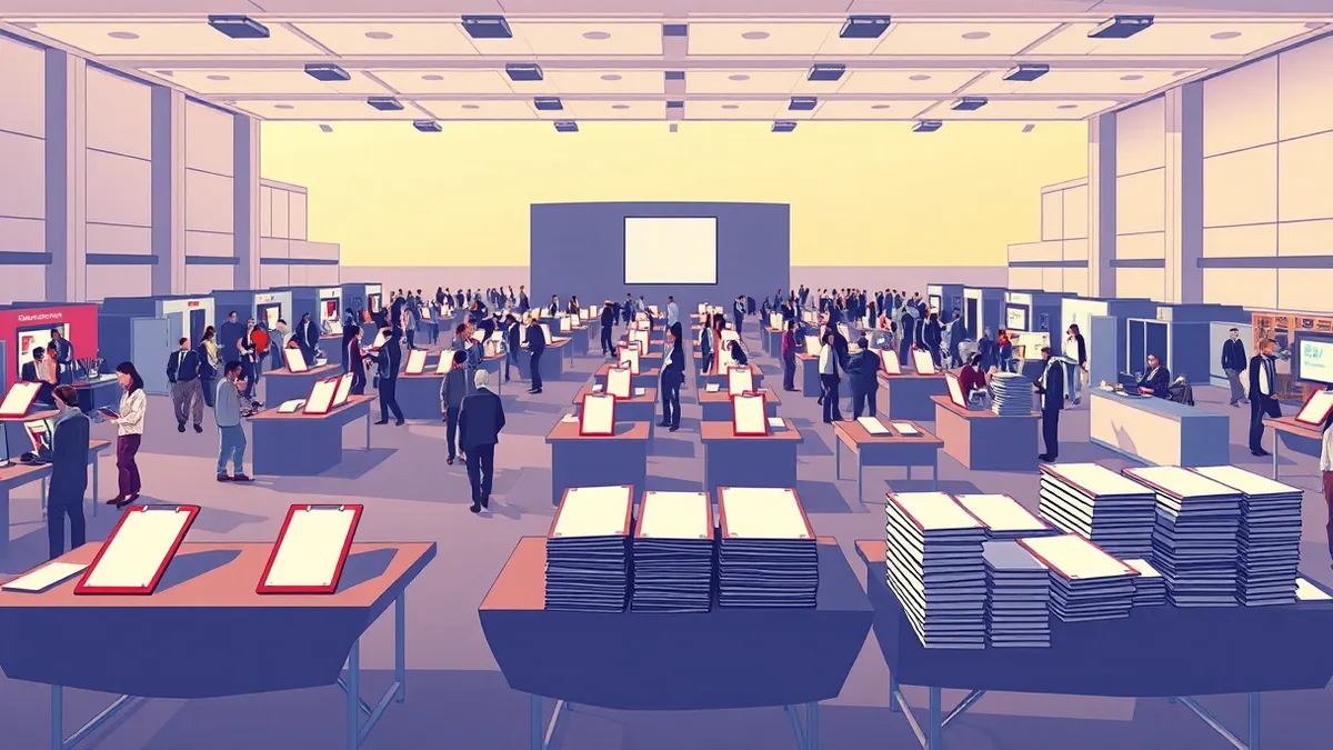 Illustration: A bustling convention hall floor features scattered registration tables with blank clipboards and stacks of unprinted badges.