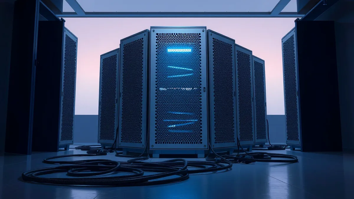 Illustration: A dense, silver server rack stands in a cool, dimly lit room.