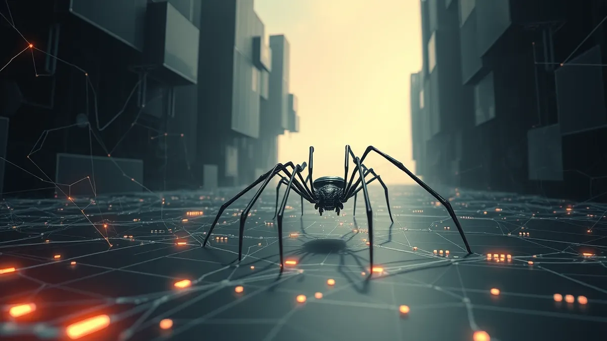 Illustration: A sleek, faceless metallic spider crawls across a dark, abstract digital landscape.