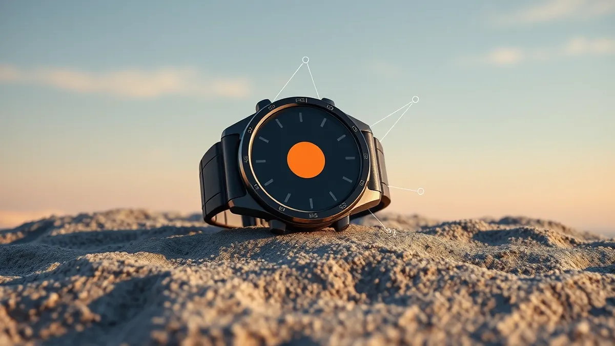 Illustration: A rugged smartwatch rests on a textured surface, its prominent orange action button glowing faintly.
