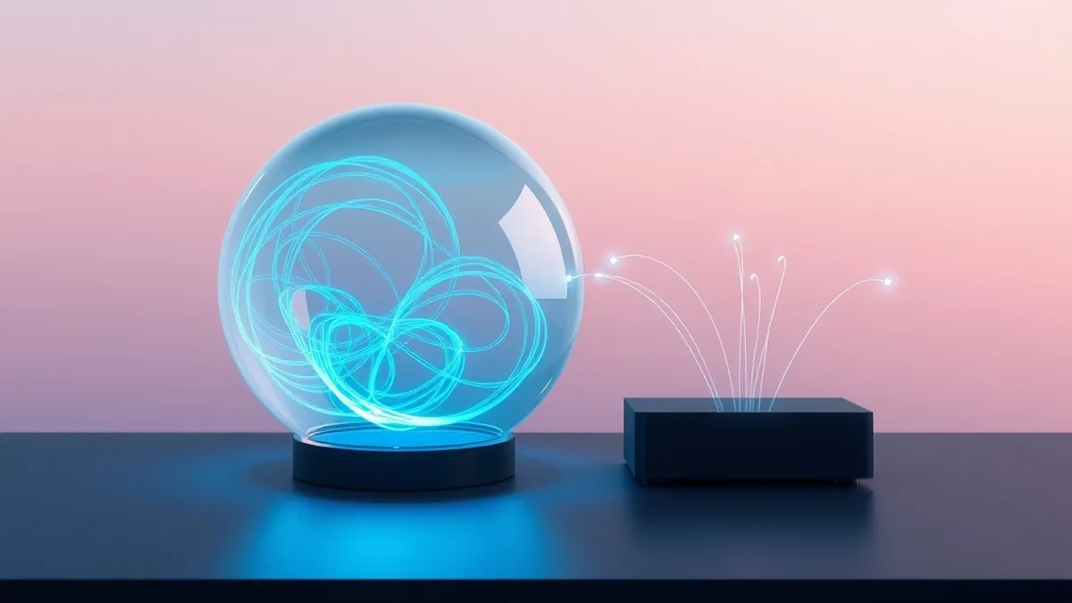 Illustration: A transparent glass sphere sits on a dark desk, containing swirling blue light patterns that shift and pulse.