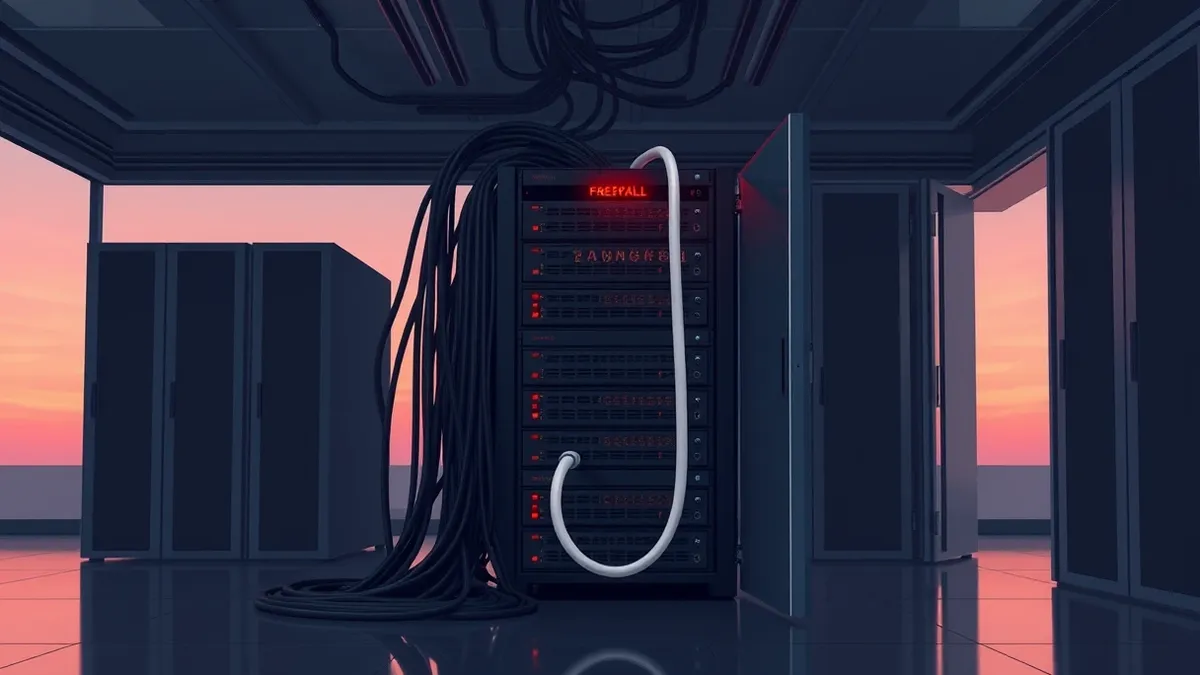 Illustration: A darkened server room with blinking red lights shows a rack-mounted firewall unit connected to thick black cables.