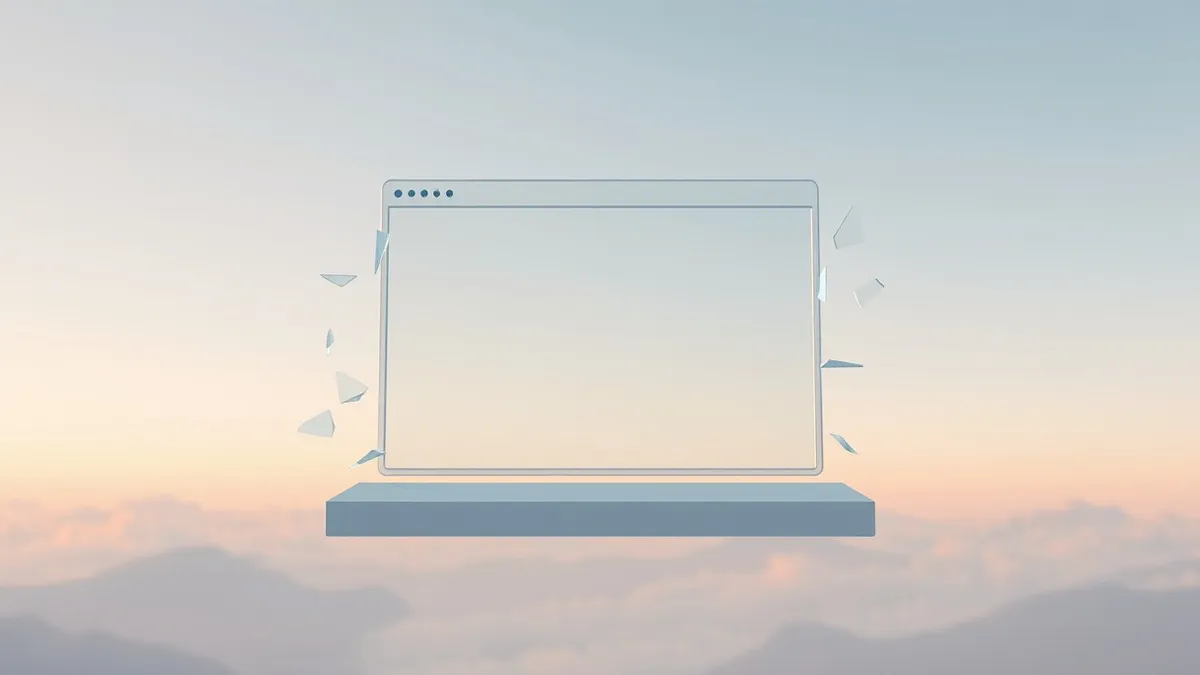 Illustration: A sleek, generic web browser window floats in midair, its frame composed of translucent, fragmented glass shards that are slowly reassembling into a solid pane.