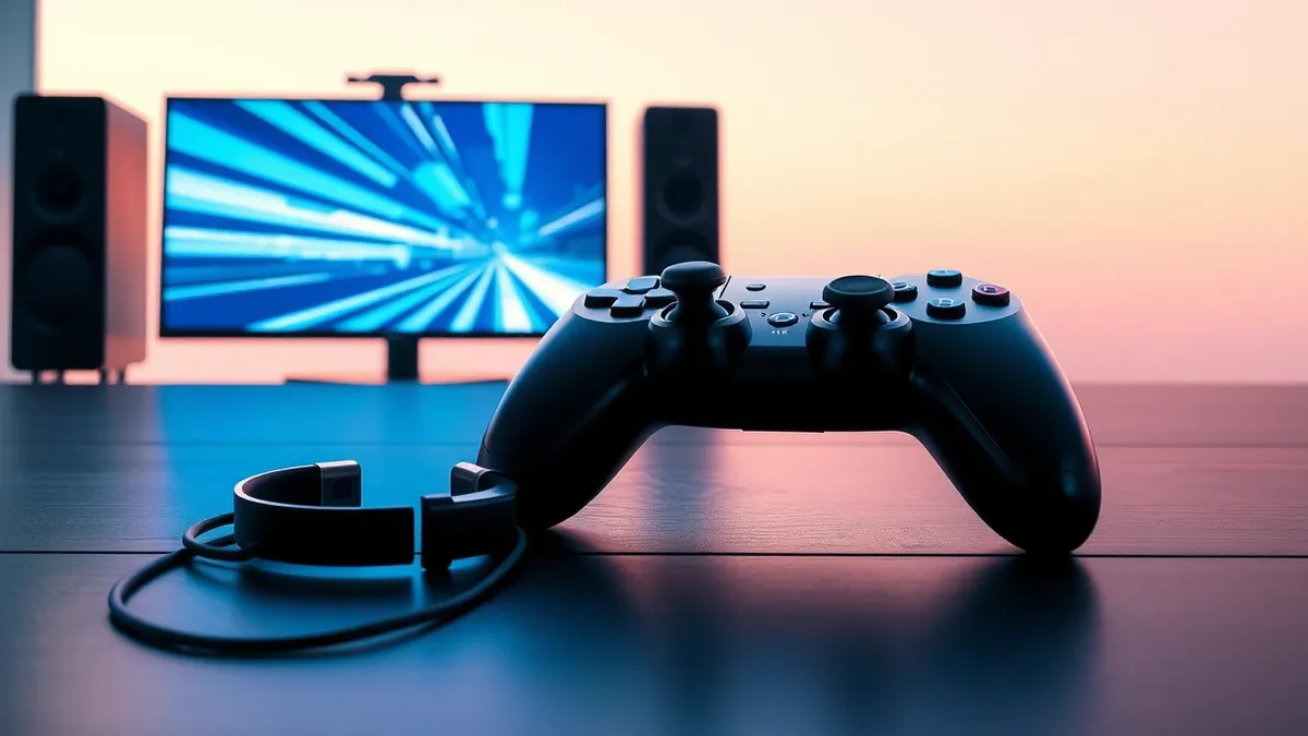Illustration: A sleek black game controller rests on a dark wooden table, its glossy surface reflecting the cool blue light of a nearby monitor.