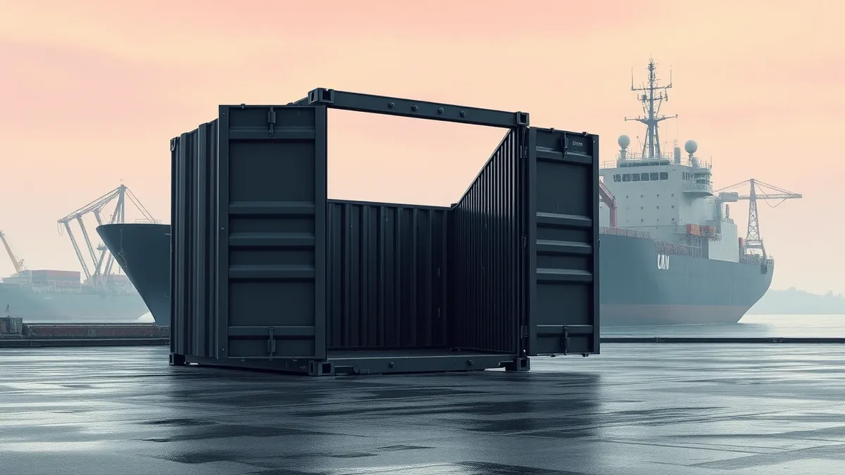 Illustration: A sleek black shipping container sits on a wet dock next to a rusted cargo ship.
