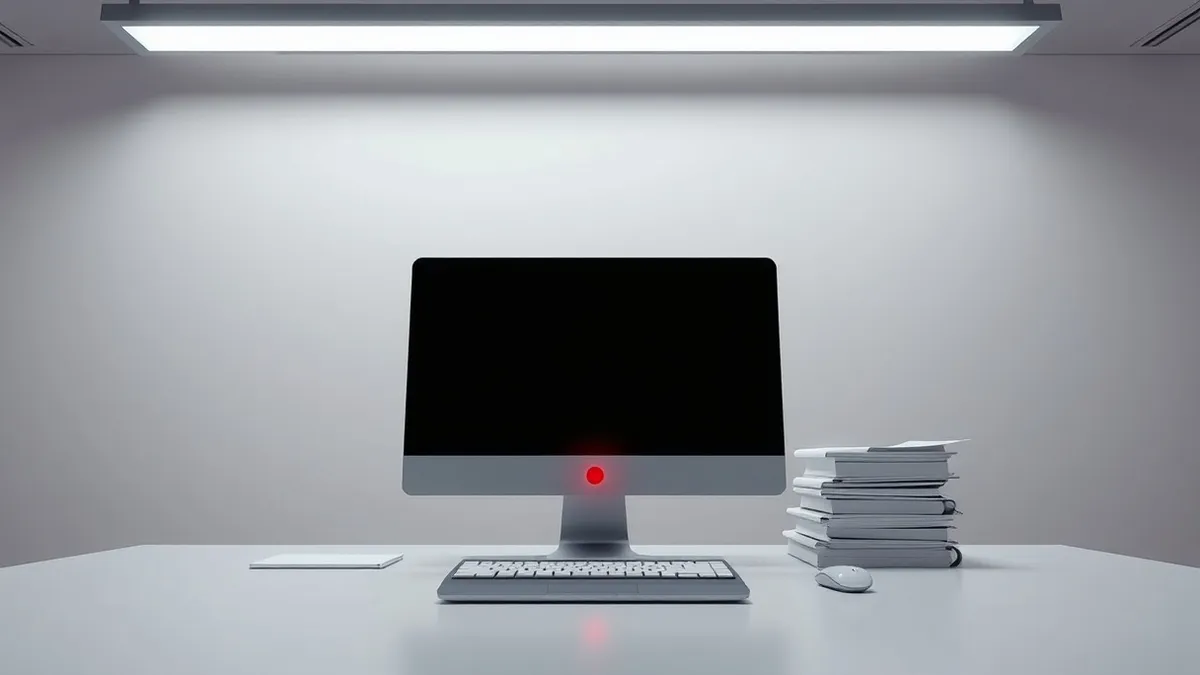 Illustration: A sleek Japanese office desk sits empty under harsh fluorescent light.