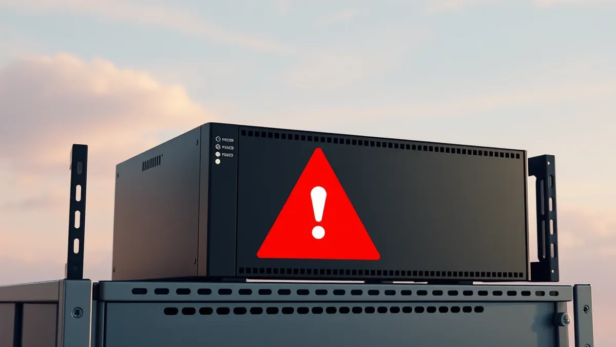 Illustration: A sleek black network appliance sits on a metal rack, its front panel featuring blank indicator lights and smooth ventilation grilles.