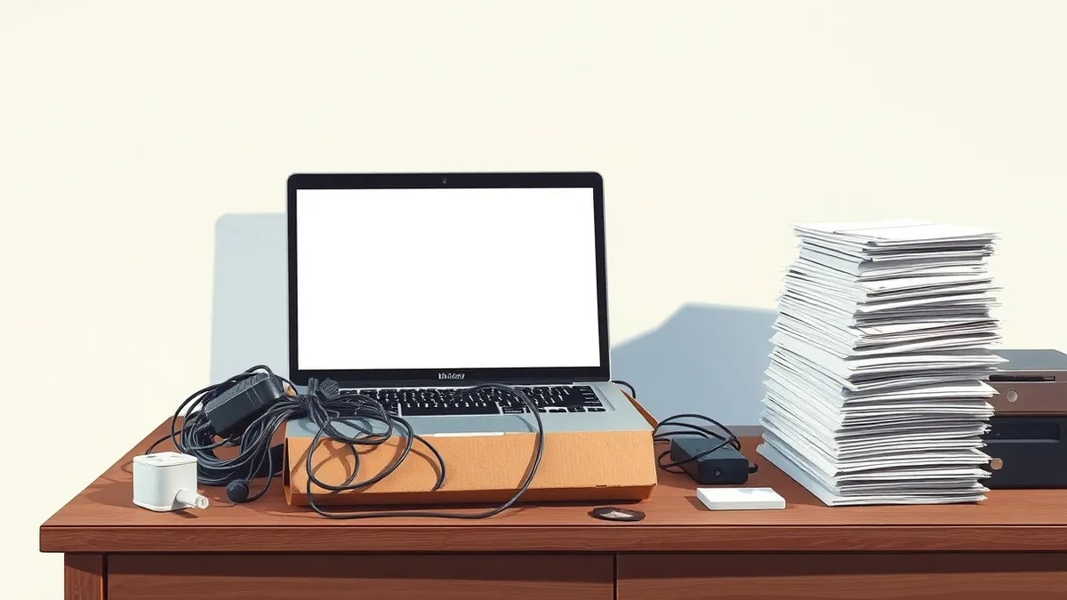 Illustration: A cluttered desk holds a single laptop displaying a blank white screen.