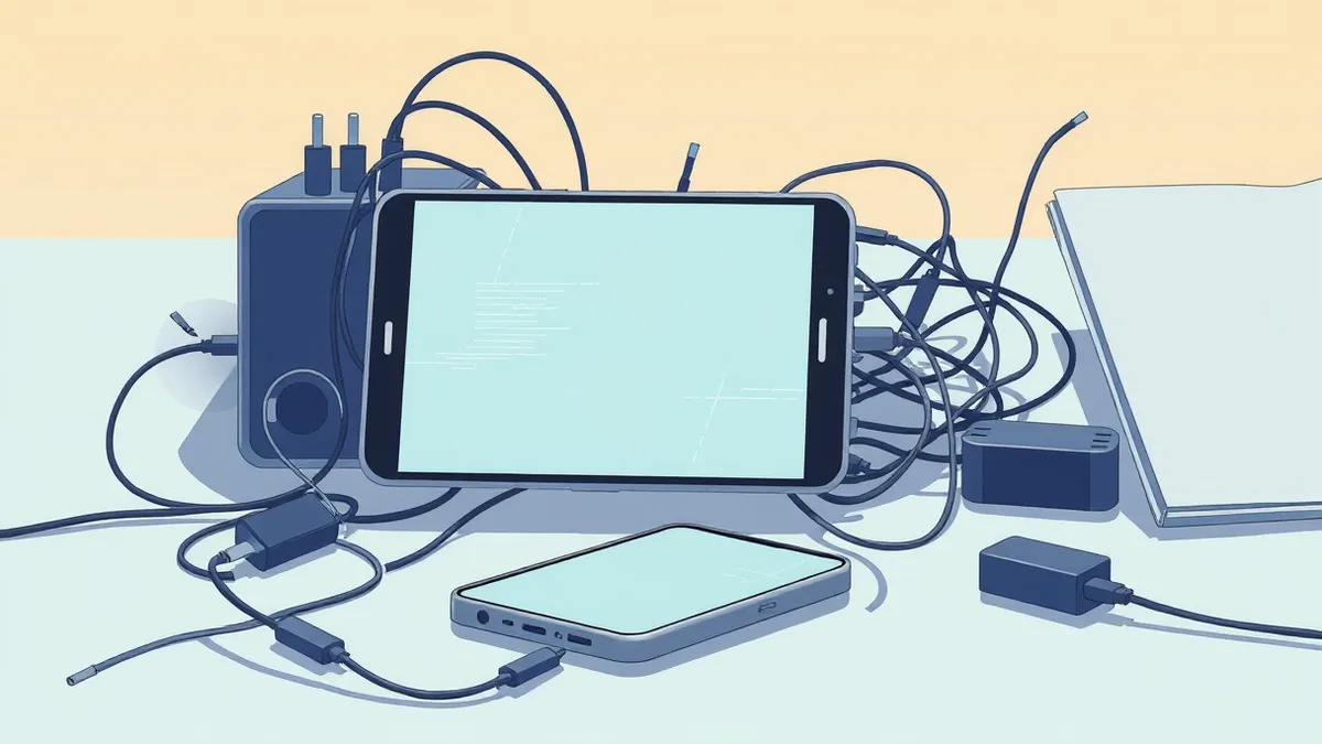 Illustration: A smartphone rests on a cluttered desk beside a tangled web of charging cables and disconnected peripherals.