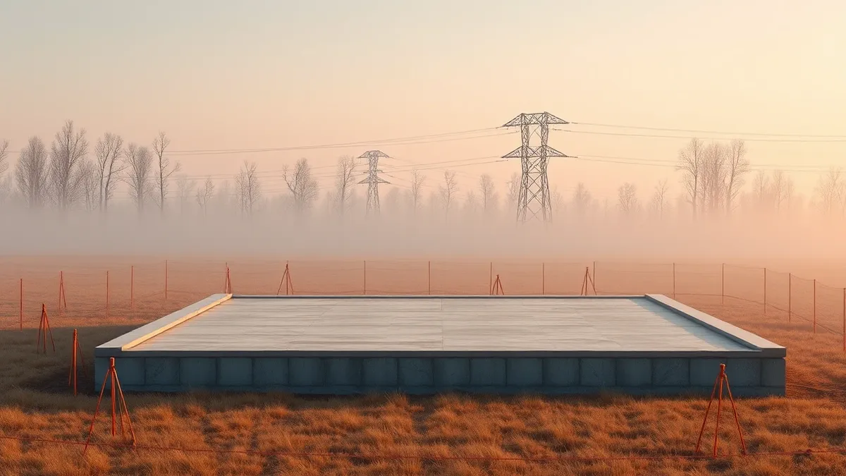 Illustration: A large, empty concrete foundation sits in a misty field, surrounded by wooden survey stakes and orange safety fencing.