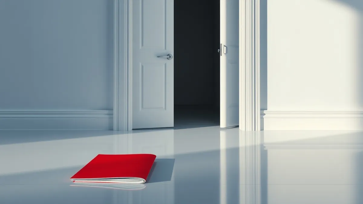 Illustration: A stark white office door stands slightly ajar, revealing a darkened hallway behind it.