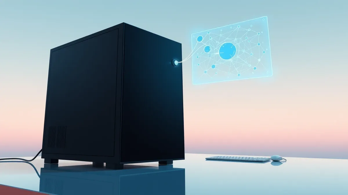 Illustration: A sleek black server tower sits on a polished desk, its surface reflecting abstract geometric patterns in soft blue light.