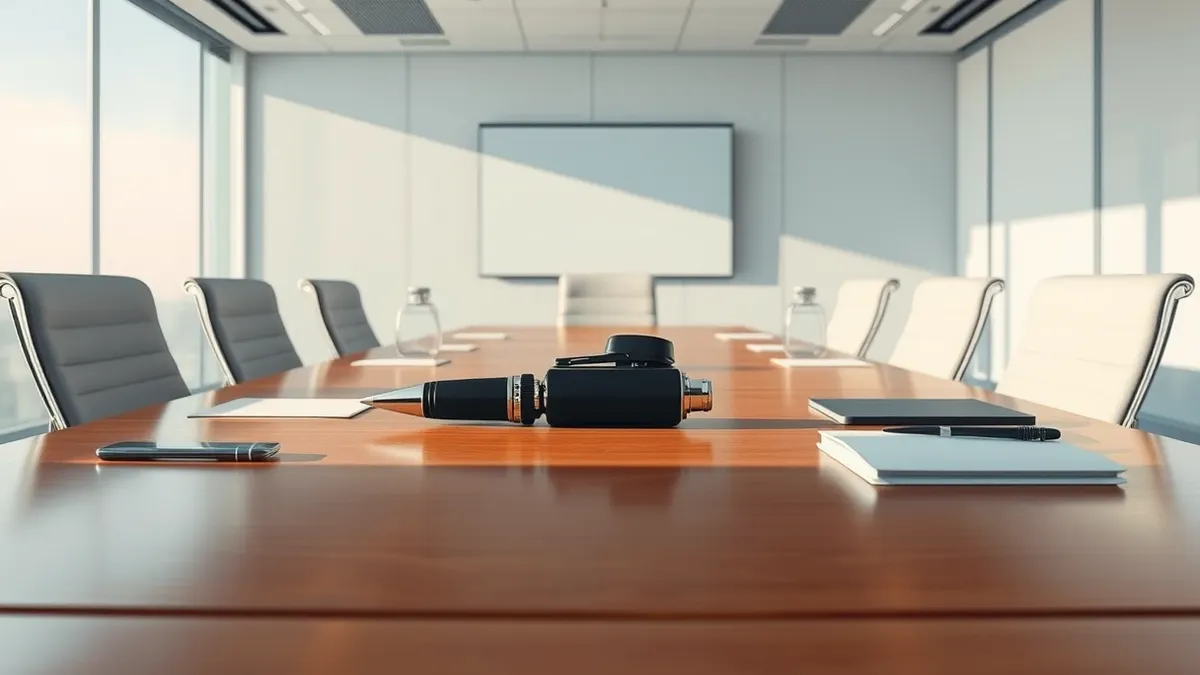 Illustration: A small, sleek black audio recorder sits concealed inside a hollowed-out pen within a modern office conference room.