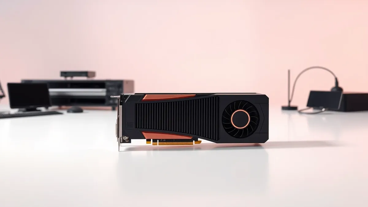Illustration: A sleek black graphics card with a prominent copper heatsink rests on a clean white workbench.