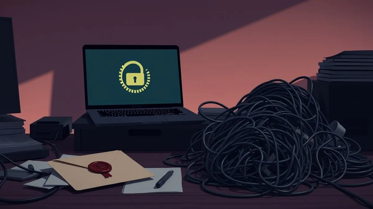 Illustration: A dark, cluttered office desk holds a single laptop displaying an abstract encryption wheel.
