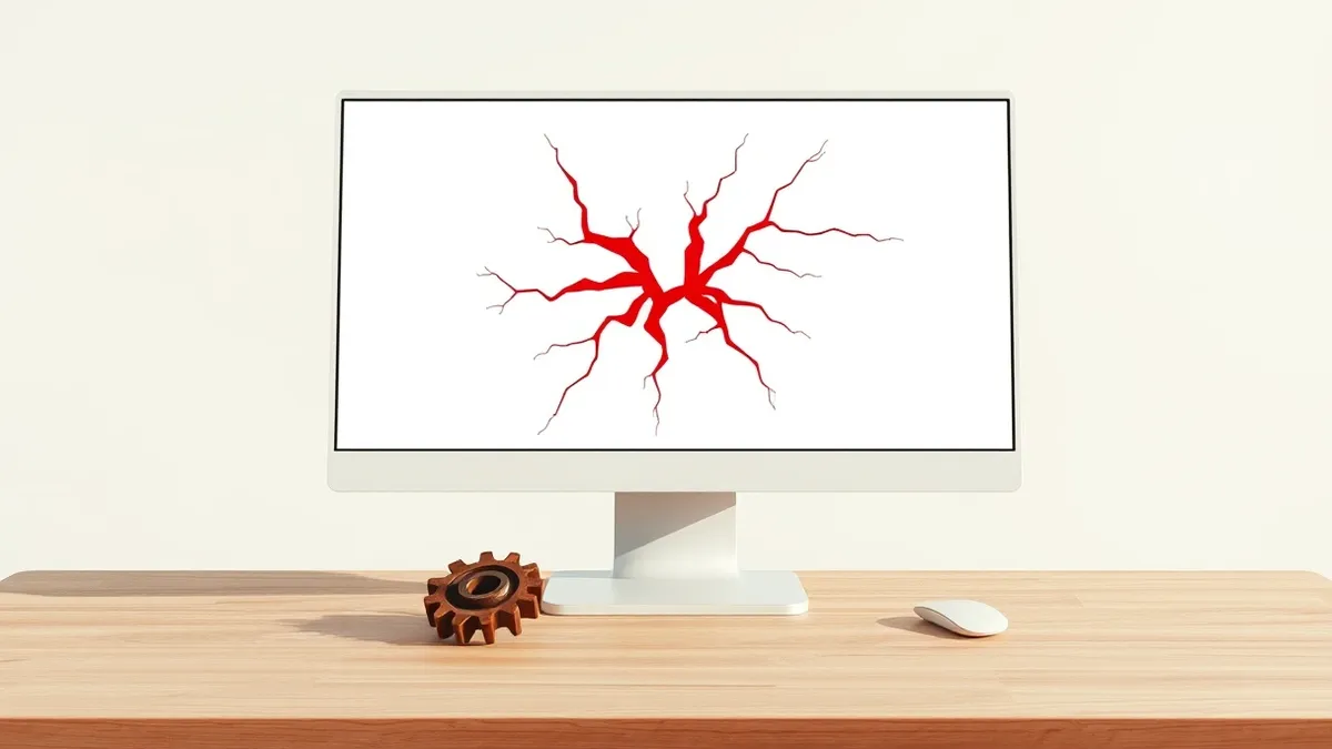 Illustration: A white computer monitor sits on a wooden desk, its screen displaying a blank white background with jagged red cracks spreading across the center.