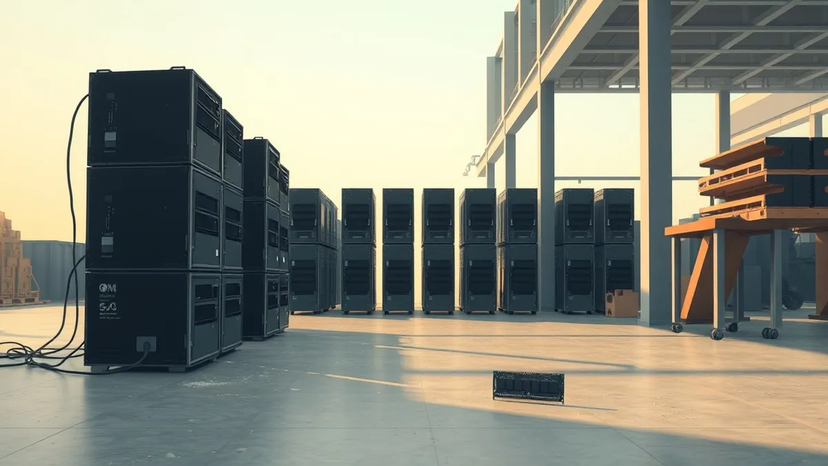 Illustration: A stack of unopened computer towers sits idle on a warehouse floor, their power cables unplugged and trailing toward the floor.
