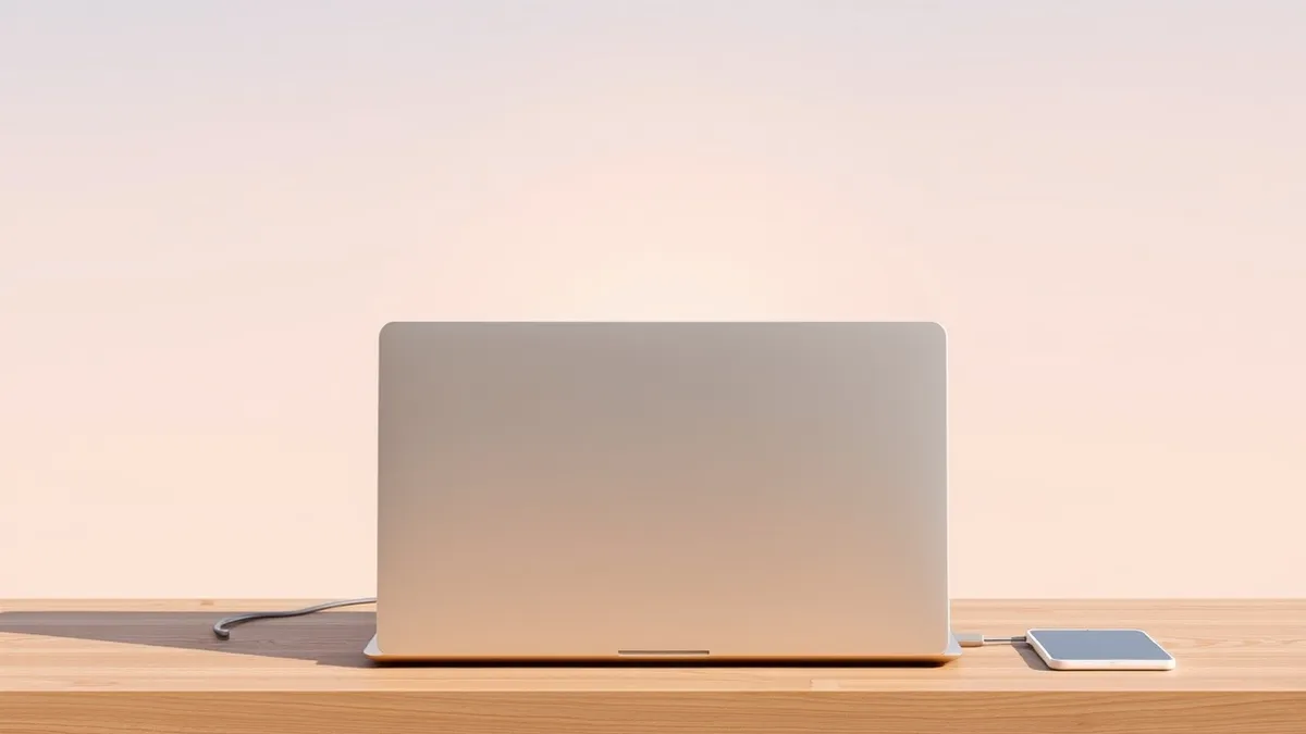 Illustration: A sleek laptop sits open on a wooden desk, displaying a blank document window with soft abstract shapes.