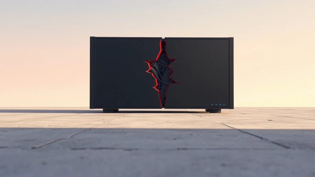 Illustration: A sleek black network security appliance sits on a concrete floor.