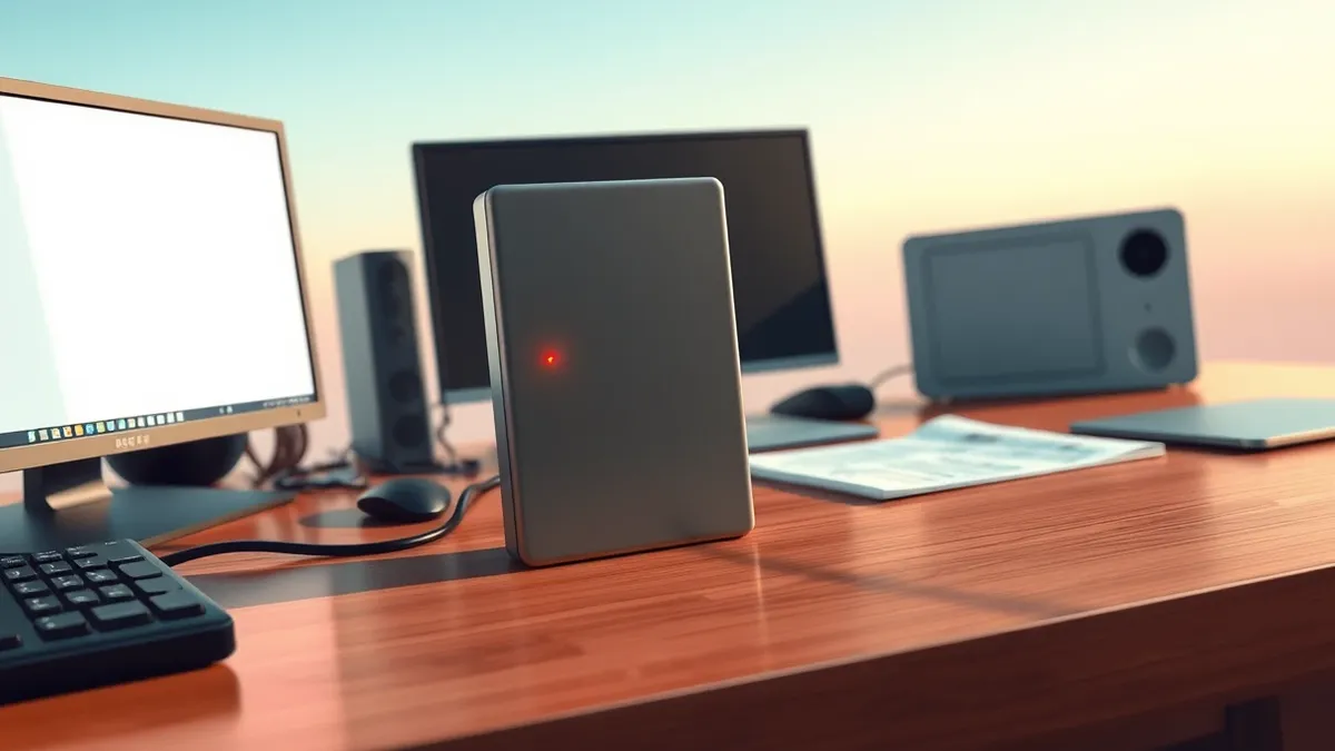 Illustration: A sleek external hard drive sits on a cluttered office desk, connected by a thin cable to a modern desktop computer.