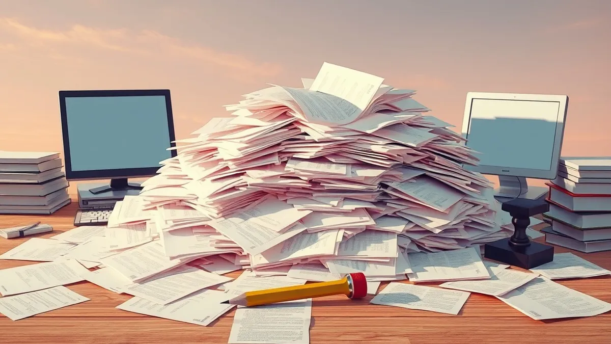 Illustration: A chaotic pile of blank manuscript pages spills across a cluttered wooden desk.