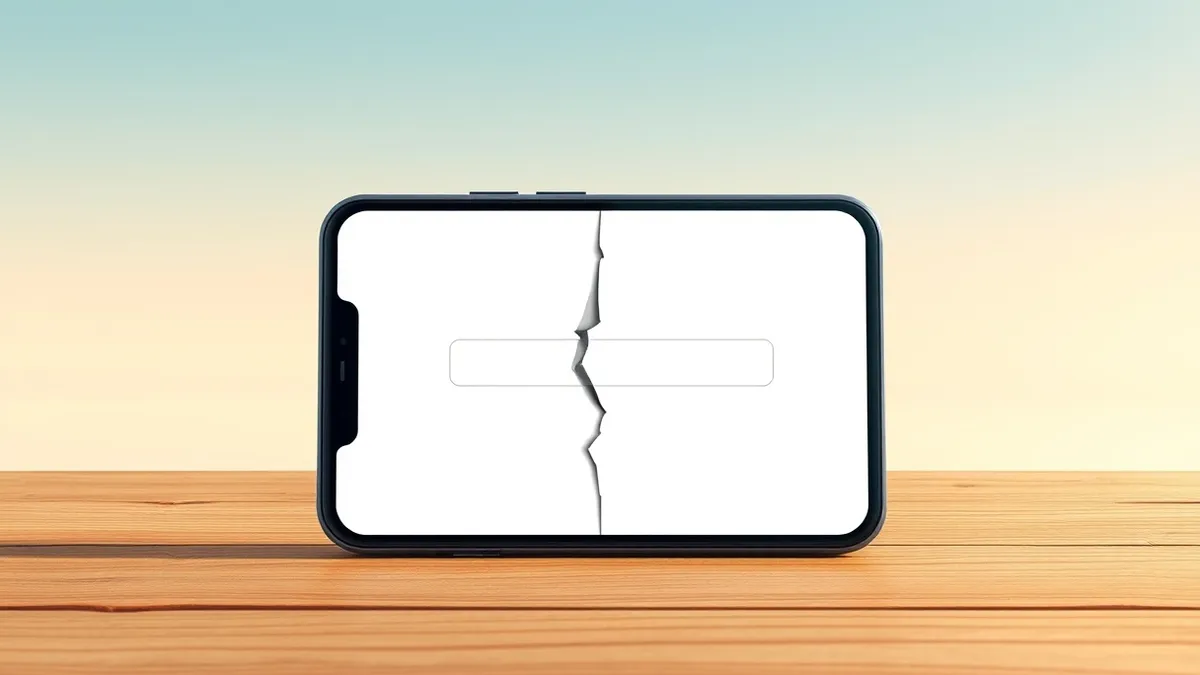 Illustration: A sleek smartphone lies on a wooden surface, displaying a blank mobile interface with abstract form fields and chat bubbles.