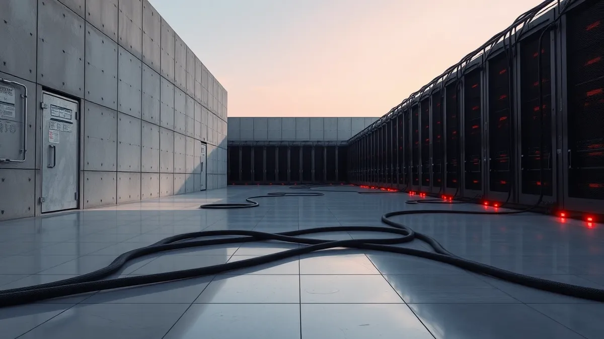Illustration: A massive concrete server hall stands in darkness as red warning lights flash along the floor.