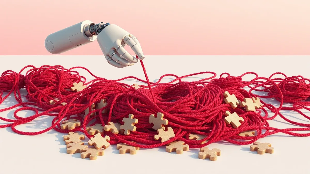 Illustration: A sleek white robotic arm hovers over a chaotic pile of tangled red yarn and loose wooden puzzle pieces.