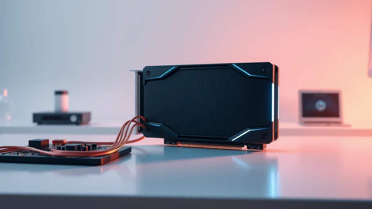 Illustration: A sleek black graphics processing unit sits on a clean white laboratory table.