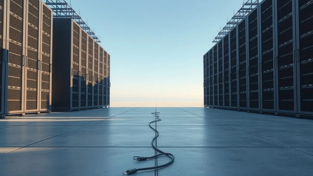 Illustration: Two large, blank server racks stand apart in a cold, empty data hall.