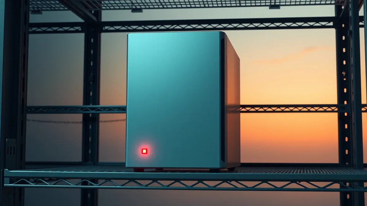 Illustration: A sleek, generic database server sits alone on a dark metal shelf.