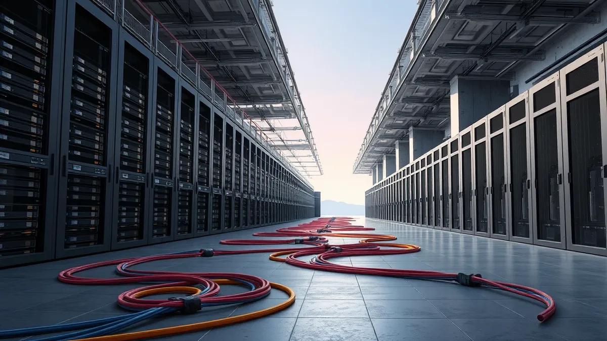 Illustration: A massive row of black server racks stretches into the distance inside a vast, sterile concrete hall.