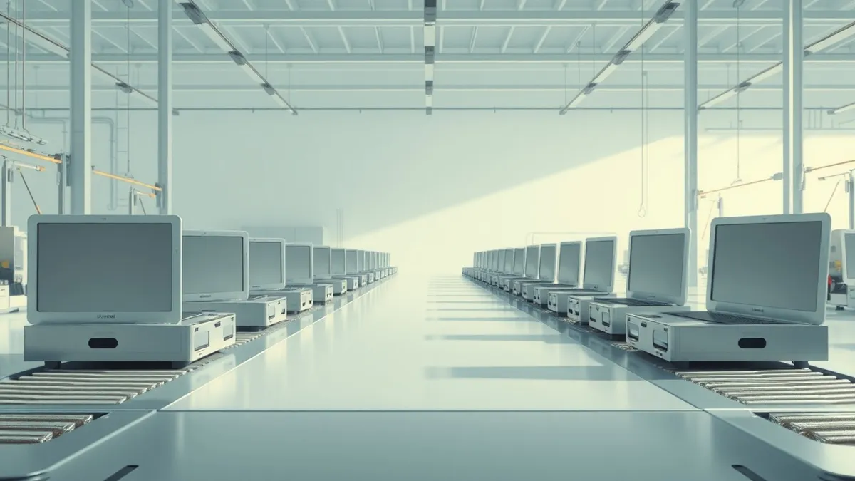 Illustration: A row of identical silver laptop chassis sits motionless on a sterile manufacturing assembly line inside a bright factory floor.