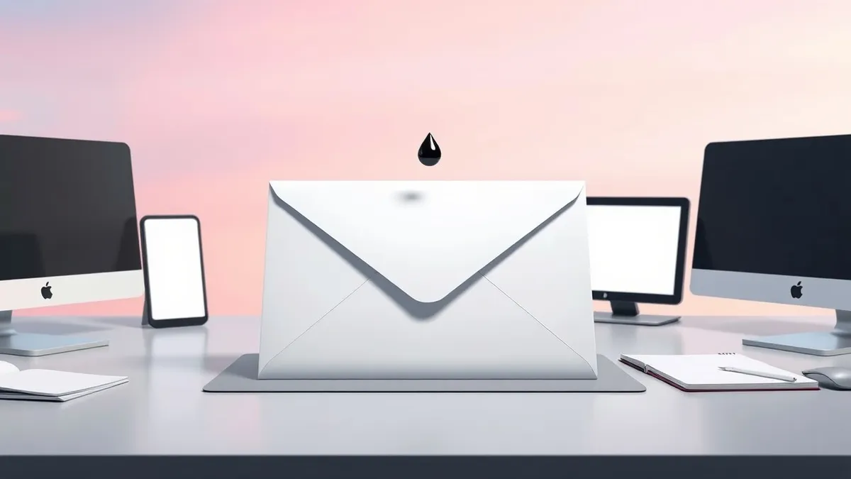 Illustration: A pristine white envelope sits on a sleek office desk, its surface perfectly smooth without any visible handwriting or postal markings.